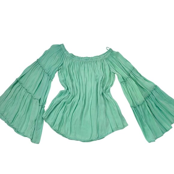 Umgee Womens Mint Green Off-Shoulder Boho Top Blouse Tiered Bell Sleeves Size M - Picture 8 of 12